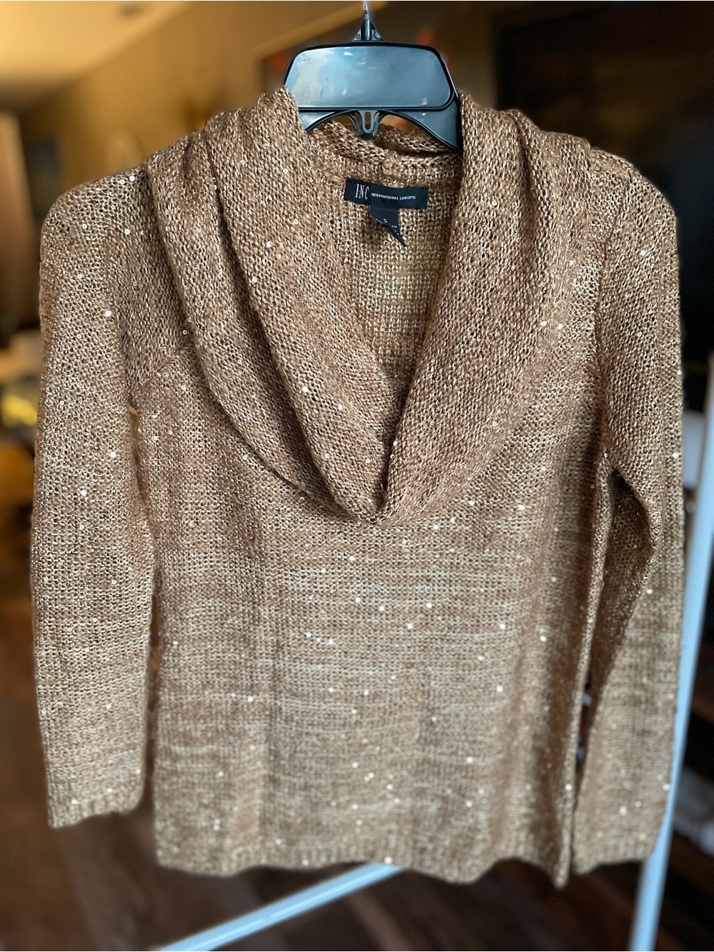 INC Gold Sequin Shimmer Cowl Neck Knit Sweater Small Holiday Party